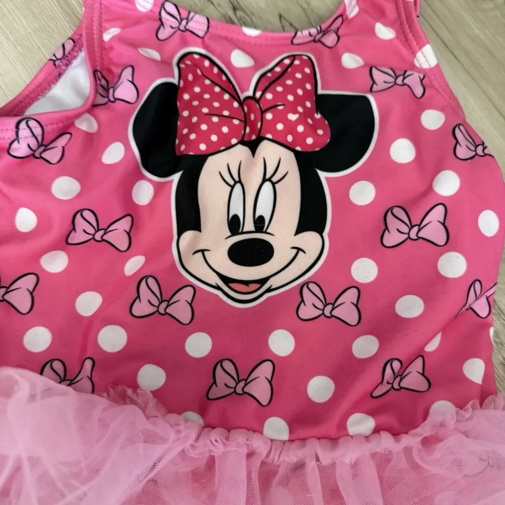 1 Pc MINNIE MOUSE Swimsuit by Disney, Pink/White Polka dot/Tulle Skirt Size 4T